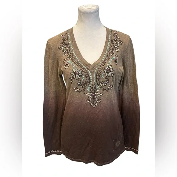 Double D Ranch Embroidered V-Neck Brown and Tan Women's Top Sz:M - Picture 1 of 9